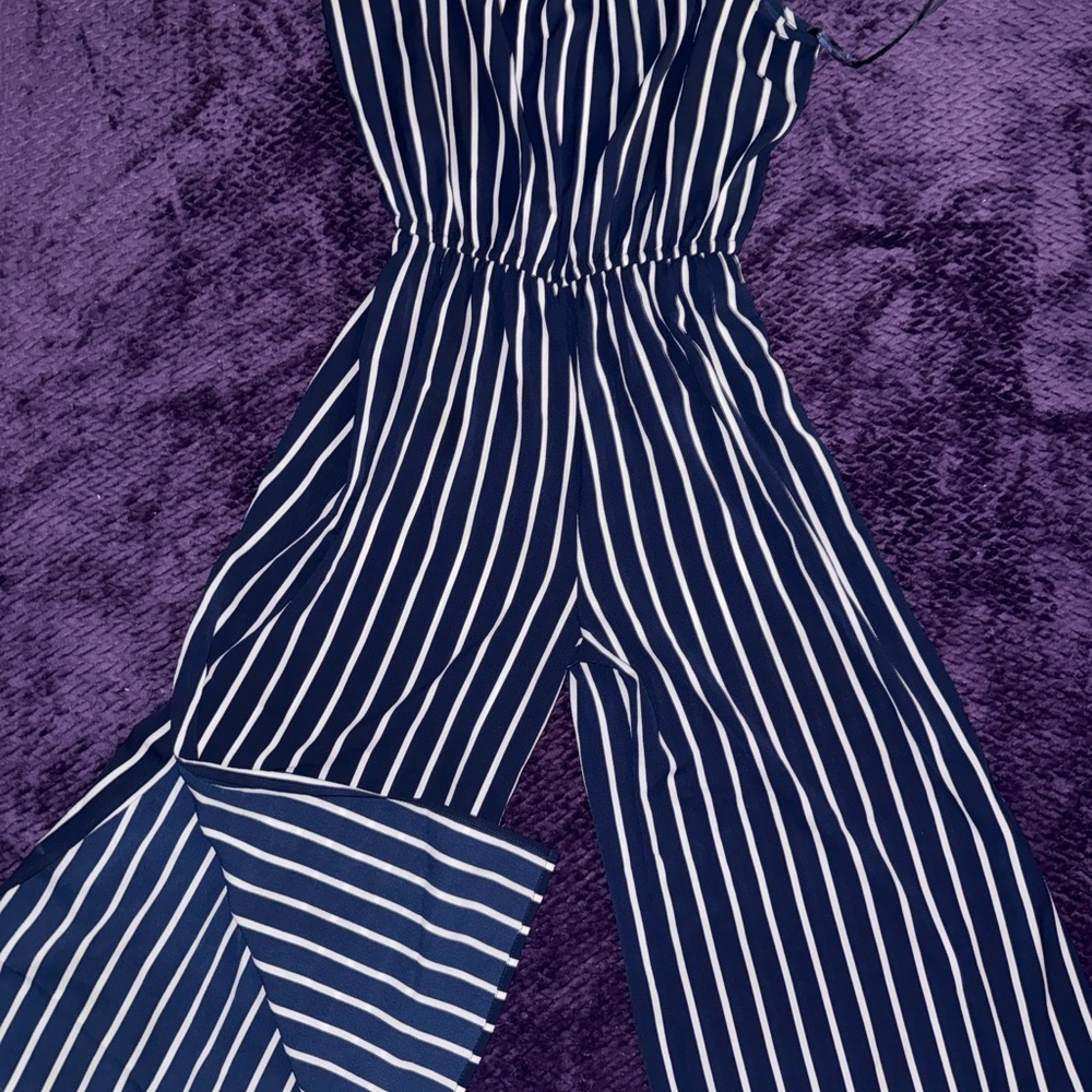 Ambiance Navy and White Striped Jumpsuit